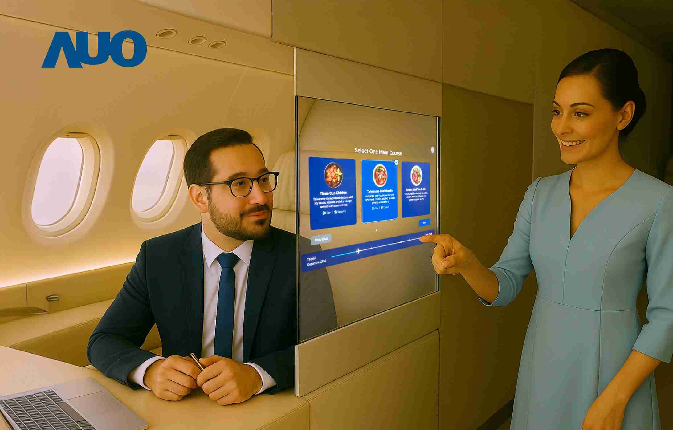 冰球突破研发全球最薄17.3 吋双面透明 Micro LED 显示器，，可在同一屏幕之双边投射不同信息，，，，创造独特的”透明化”互动；图为实时翻译交流应用情境